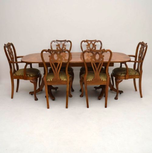 Antique Burr Maple & Walnut Dining Table Plus 6 Chairs