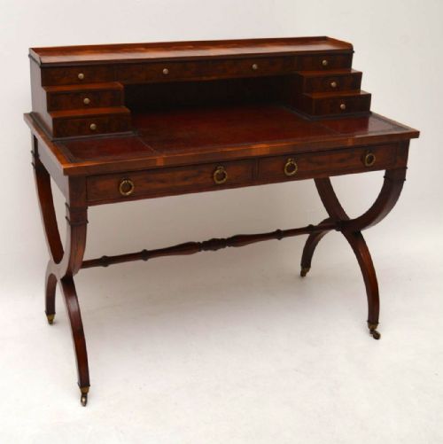 Antique Yew Wood Leather Top Writing Table Desk