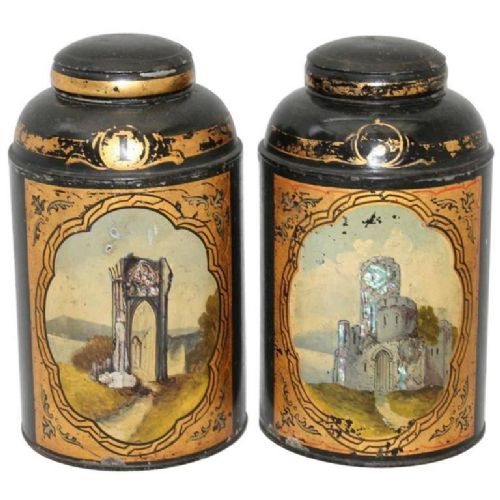 Antique Tole Tea Tins with Mother of Pearl Scenes