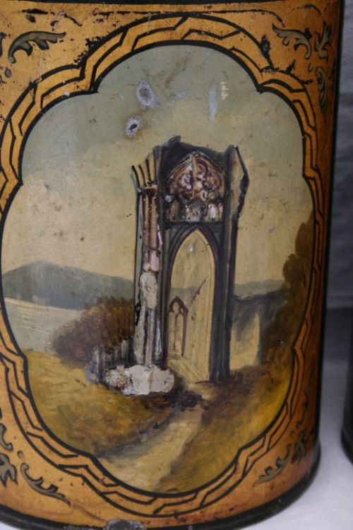 fig 1. Antique Tole Tea Tins with Mother of Pearl Scenes