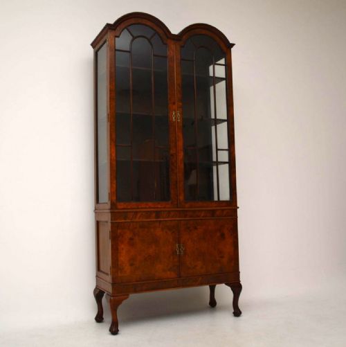 Antique Queen Anne Style Burr Walnut Display Cabinet