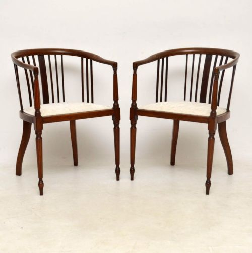 Pair of Antique Edwardian Inlaid Mahogany Armchairs