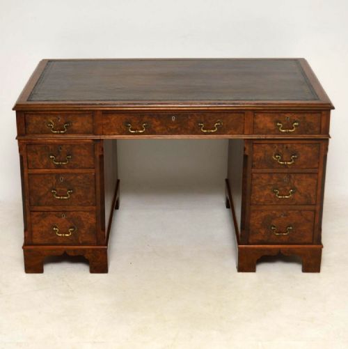 Antique Burr Walnut Leather Top Pedestal Desk