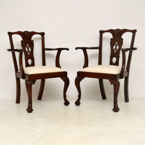 Pair of Antique Mahogany Chippendale Carver Armchairs