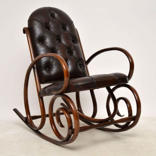 Antique Bentwood & Leather Rocking Chair by Thonet
