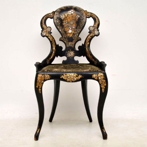 Antique Victorian Papier Mache Side Chair Inlaid with Mother of Pearl