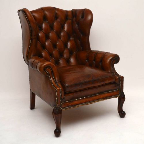 Large Antique Leather Wing Back Armchair