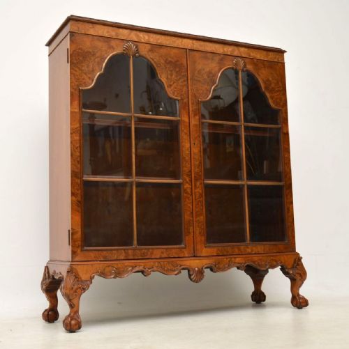 Antique Queen Anne Style Burr Walnut Glazed Bookcase