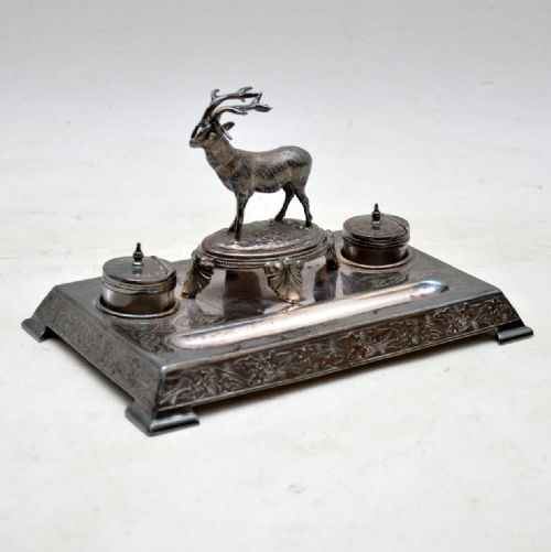 Antique Silver Plate Stag Inkwell Stand by James Deakin