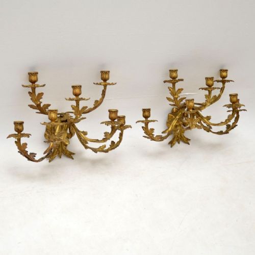 Pair of Antique Gilt Bronze Wall Sconce Candelabra