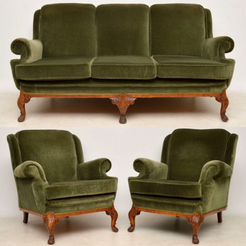 Antique Queen Anne Walnut Sofa & Armchairs Suite