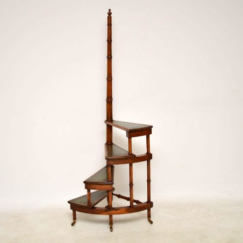 Antique Yew Wood & Leather Library Steps