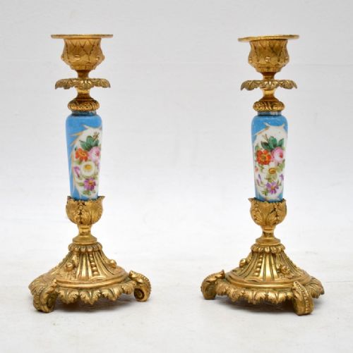 Pair of Antique French Sevres Porcelain & Ormolu Candlesticks