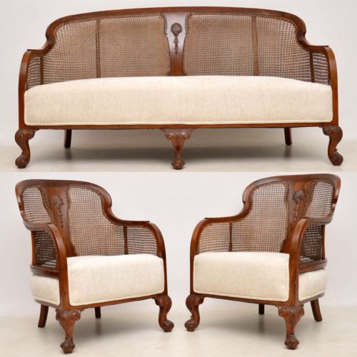 Antique Walnut Caned Bergere Sofa & Pair of Armchairs