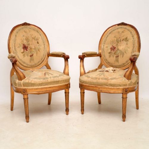 Pair of Antique French Gilt Wood Salon Armchairs