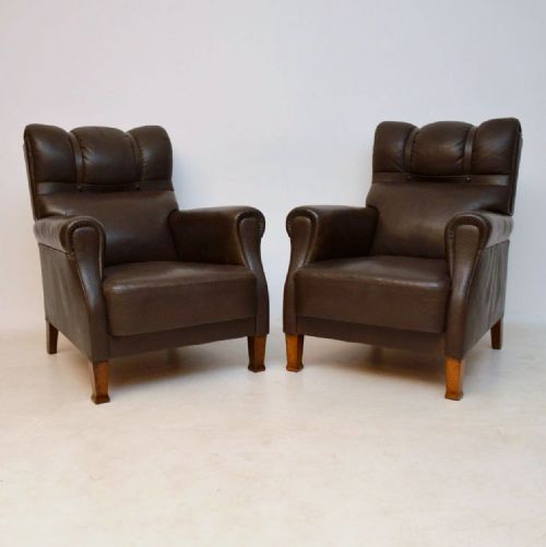Pair of Antique Swedish Leather Armchairs