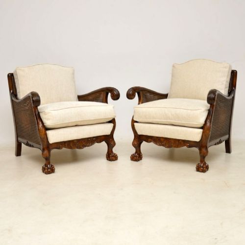 Pair of Antique Swedish Satin Birch Bergere Armchairs