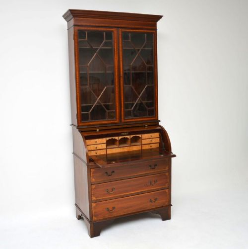 Antique Edwardian Inlaid Mahogany Cylinder Bureau Bookcase