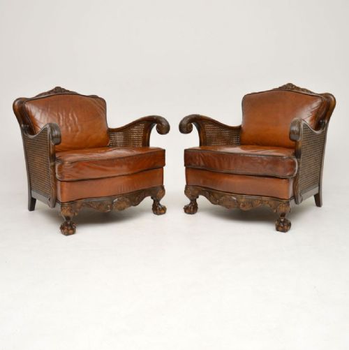 Pair of Antique Satin Birch & Leather Bergere Armchairs