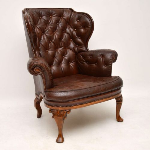 Antique Swedish Leather Wing Back Armchair