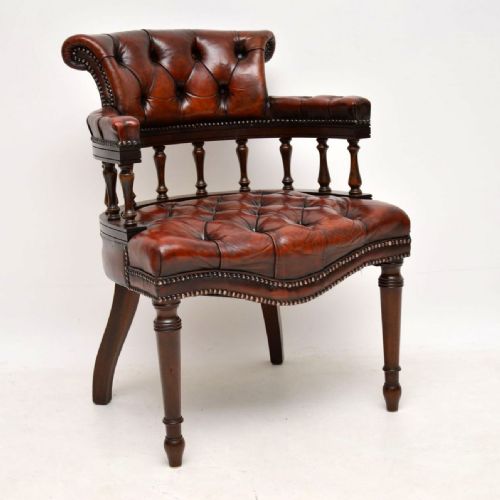 Antique Deep Buttoned Leather & Mahogany Desk Armchair