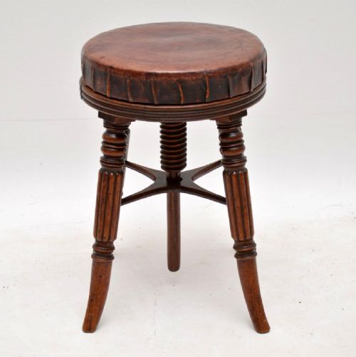 Antique Victorian Mahogany & Leather Adjustable Piano Stool