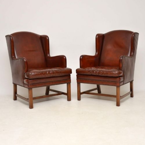 Pair of Antique Swedish Leather Wing Back Armchairs