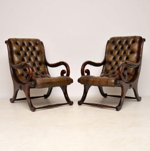 Pair of Antique Mahogany & Leather Armchairs