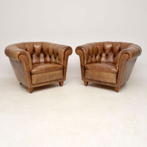 Pair of Antique Swedish Leather Chesterfield Armchairs