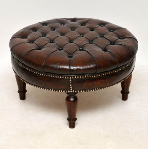 Antique Deep Buttoned Leather & Mahogany Stool