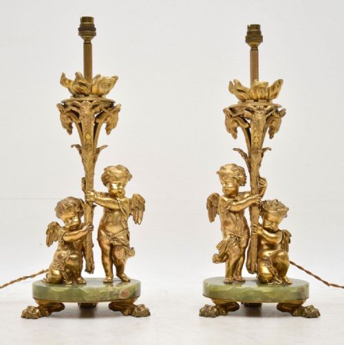 Pair of Antique Gilt Metal & Onyx Table Lamps