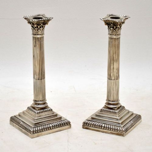 Pair of Antique Edwardian Solid Silver Corinthian Column Candlesticks