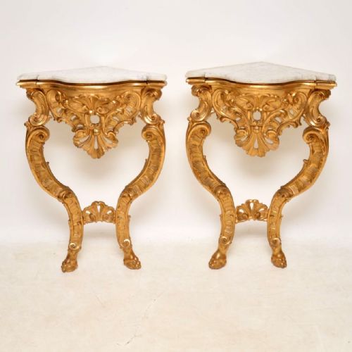 Pair of Antique French Gilt Wood & Marble Corner Tables