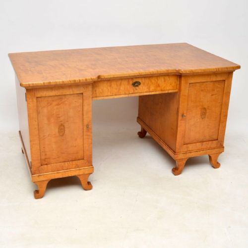 Large Antique Swedish Biedermeier Satin Birch Desk