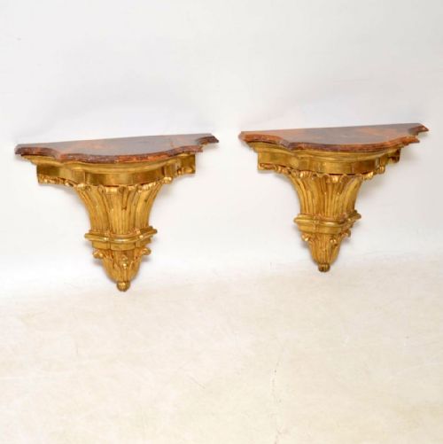 Pair of Antique French Gilt Wood & Marble Wall Mounting Side Tables