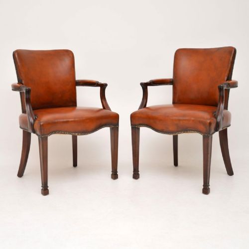 Pair of Antique Leather & Mahogany Open Armchairs