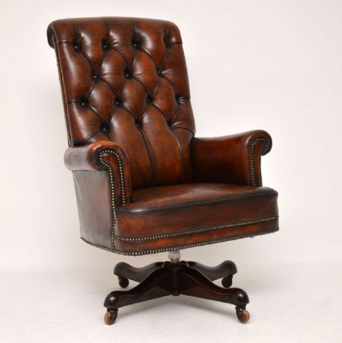 Antique Leather & Mahogany Swivel Desk Chair