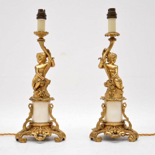 Pair of Antique French Gilt Bronze & Marble Lamps