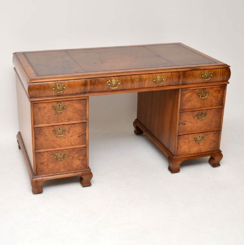 Antique Burr Walnut Leather Top Pedestal Desk