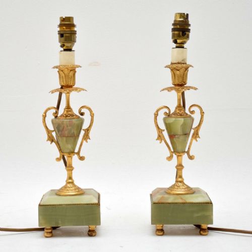 Pair of Antique French Gilt Metal & Onyx Lamps