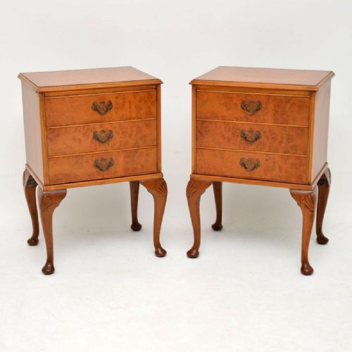 Pair of Antique Queen Anne Style Burr Walnut Bedside Chests
