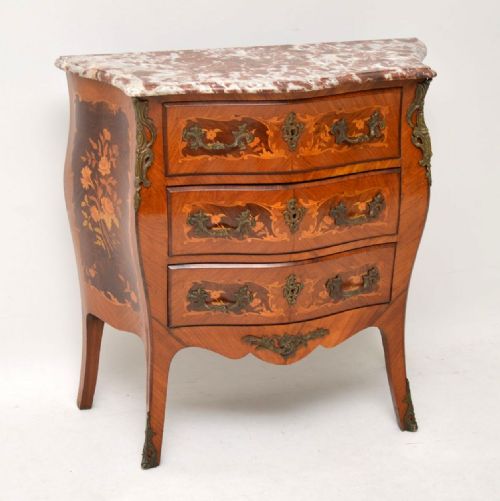 Antique French Inlaid Marquetry Marble Top Bombe Chest