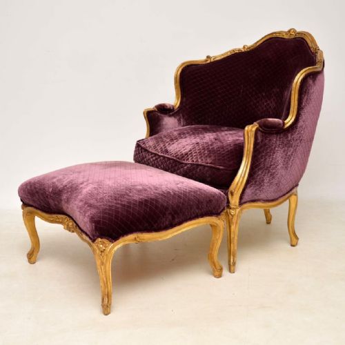 Antique French Carved Gilt Wood Armchair & Stool Set