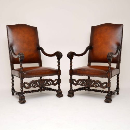 Pair of Antique Leather Upholstered Carved Oak Carolean Armchairs