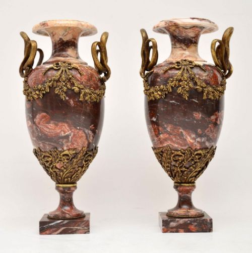 Pair of Antique Solid Marble & Gilt Bronze Urns