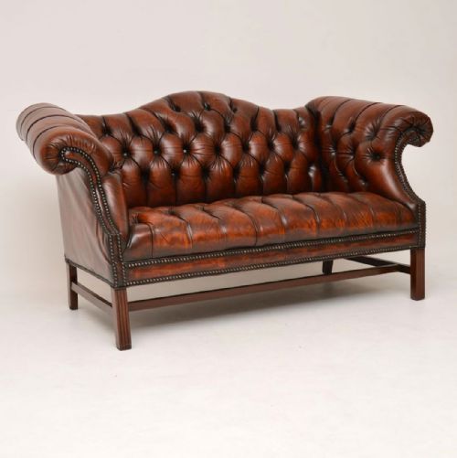 Antique Deep Buttoned Leather Hump Back Sofa
