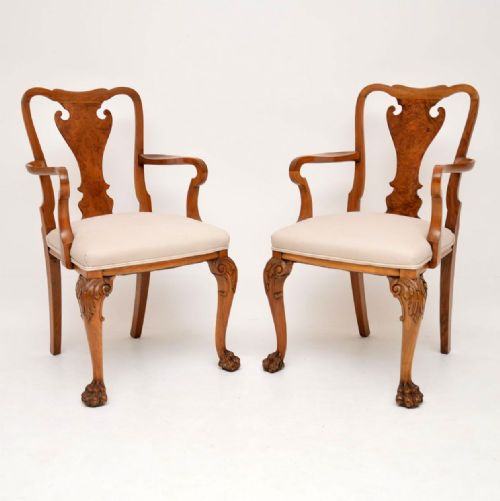 Pair of Antique Walnut Queen Anne Style Carver Armchairs