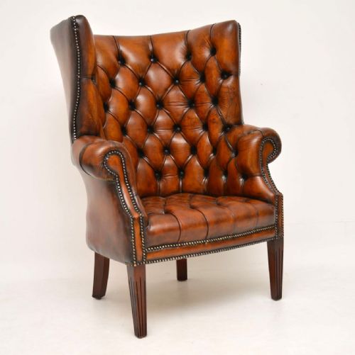 Antique Leather Wing Back Barrel Armchair