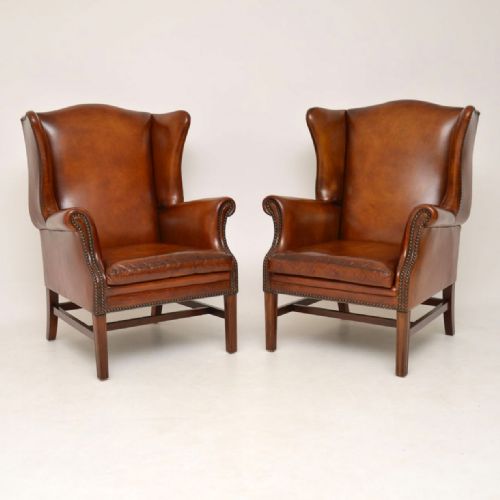 Pair of Antique Swedish Leather Wing Back Armchairs