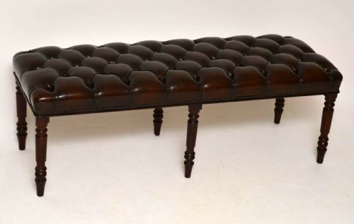 Antique Deep Buttoned Leather Stool on Mahogany Legs